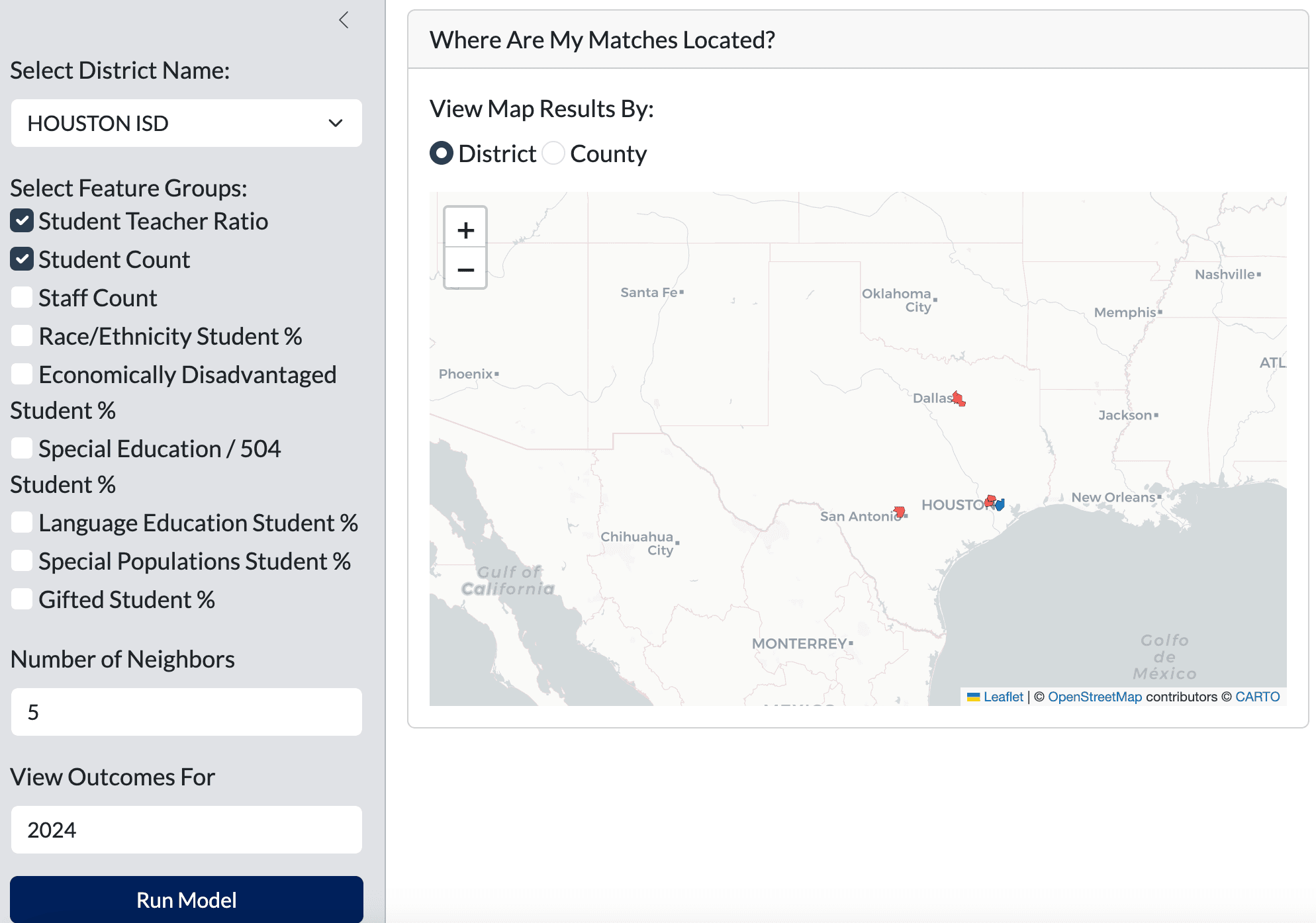 Mapping nearest neighbors for Texas school districts