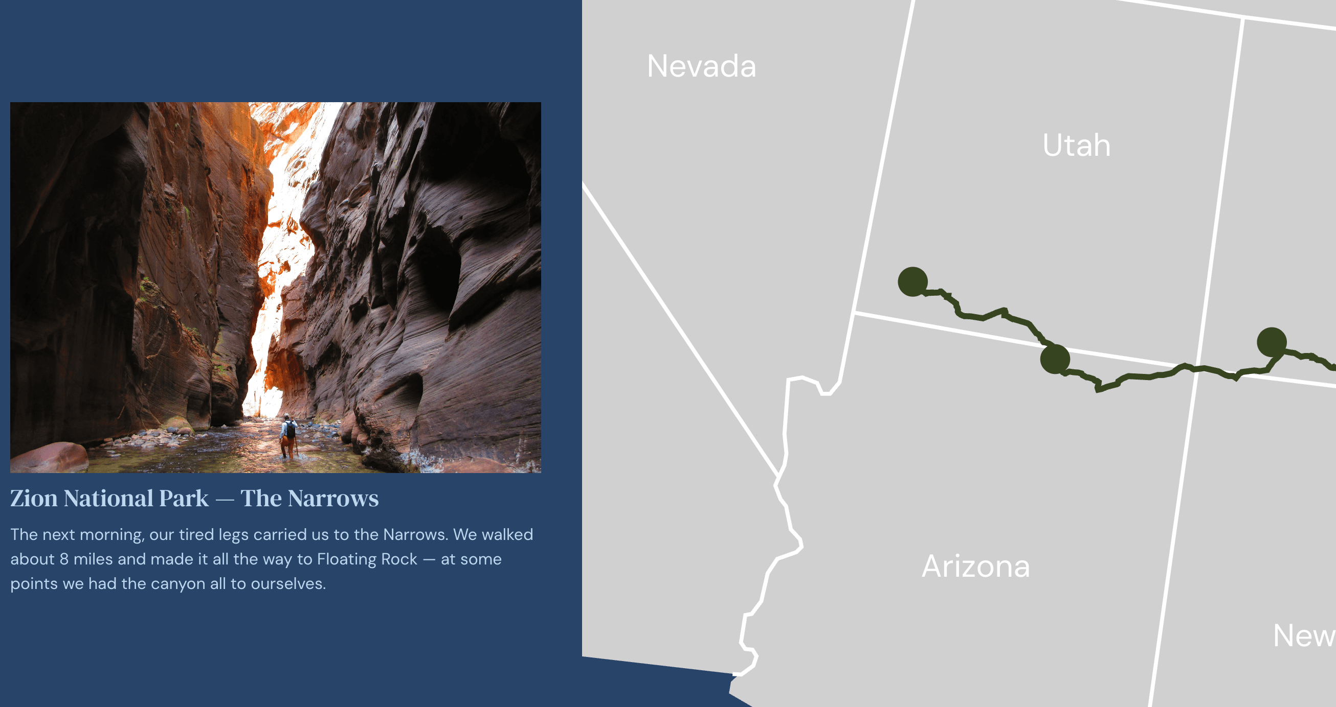 "Scrolly" map of a national parks roadtrip